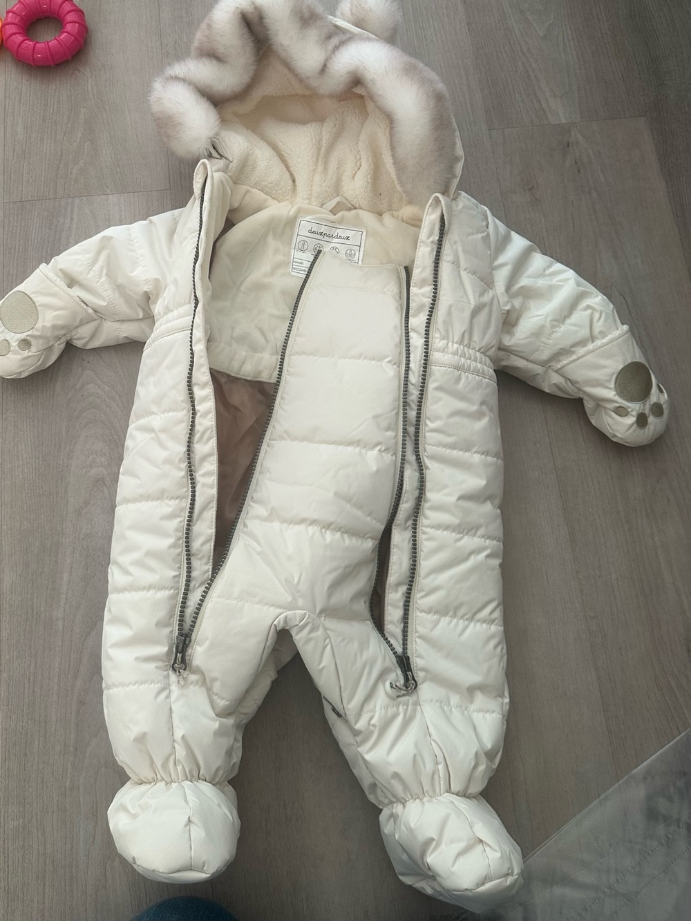 deux par deux Cream Infant Snowsuit Label Detail car seat friendly!